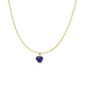 Blue Floral Glass Heart Gold Charm Necklace